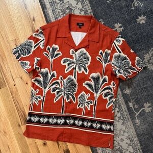 Men's Express Orange Linen Palm Tree Floral Button Down Beach Shirt Small